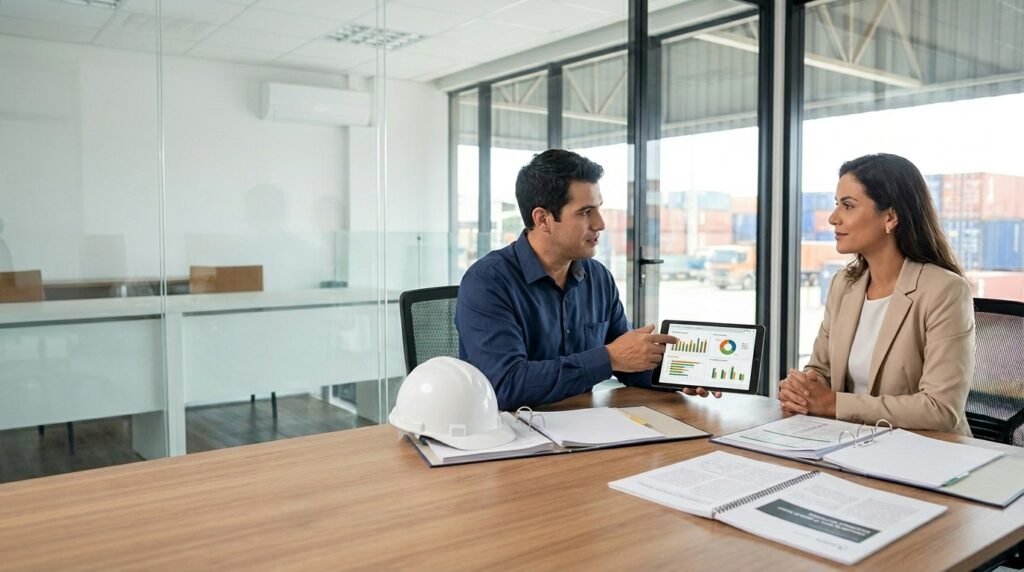 Engenheiro em Segurança do trabalho em reunião com executiva